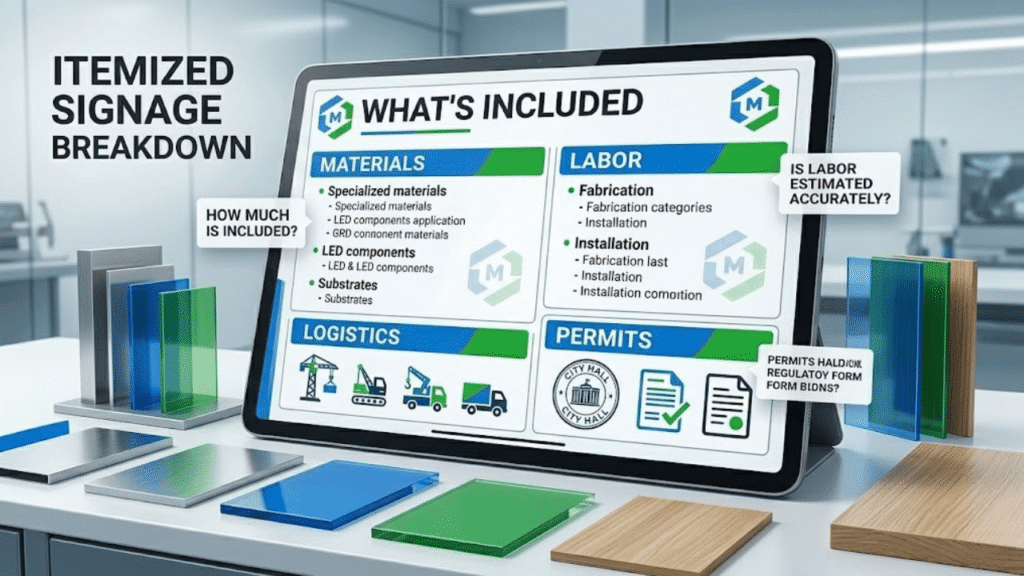 detailed signage cost estimation breakdown including materials labor logistics permits for accurate bid pricing